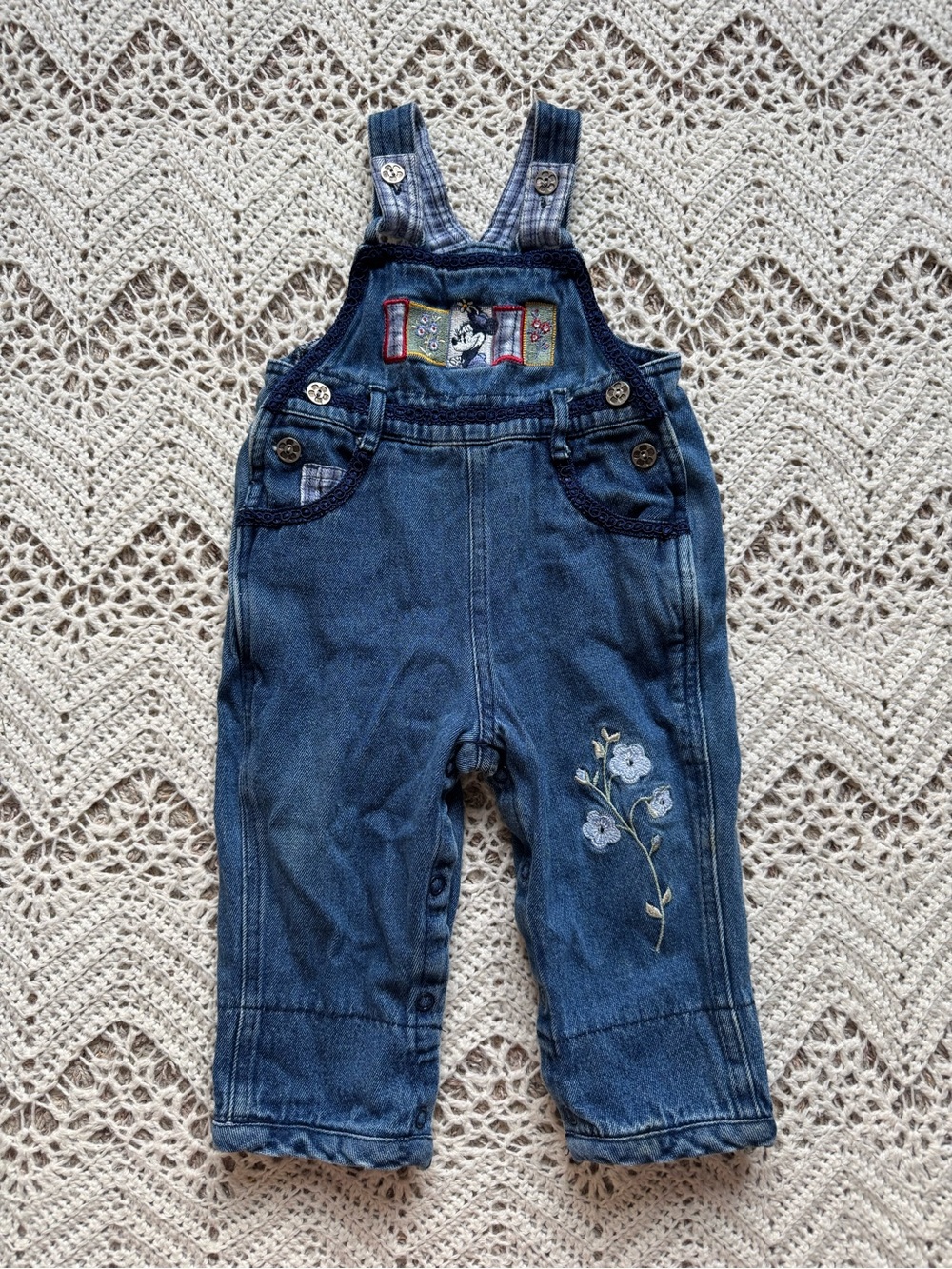 Disney Y2K Minnie Mouse Denim Floral Embroidered Overalls 12 Months